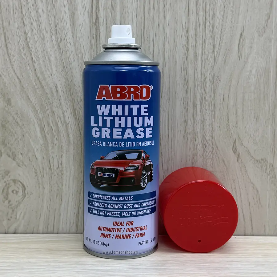 Chai xịt mỡ bò nước Abro White Lithium Grease LG-380. Dùng để bôi trơn và bảo vệ các chi tiết kim loại.