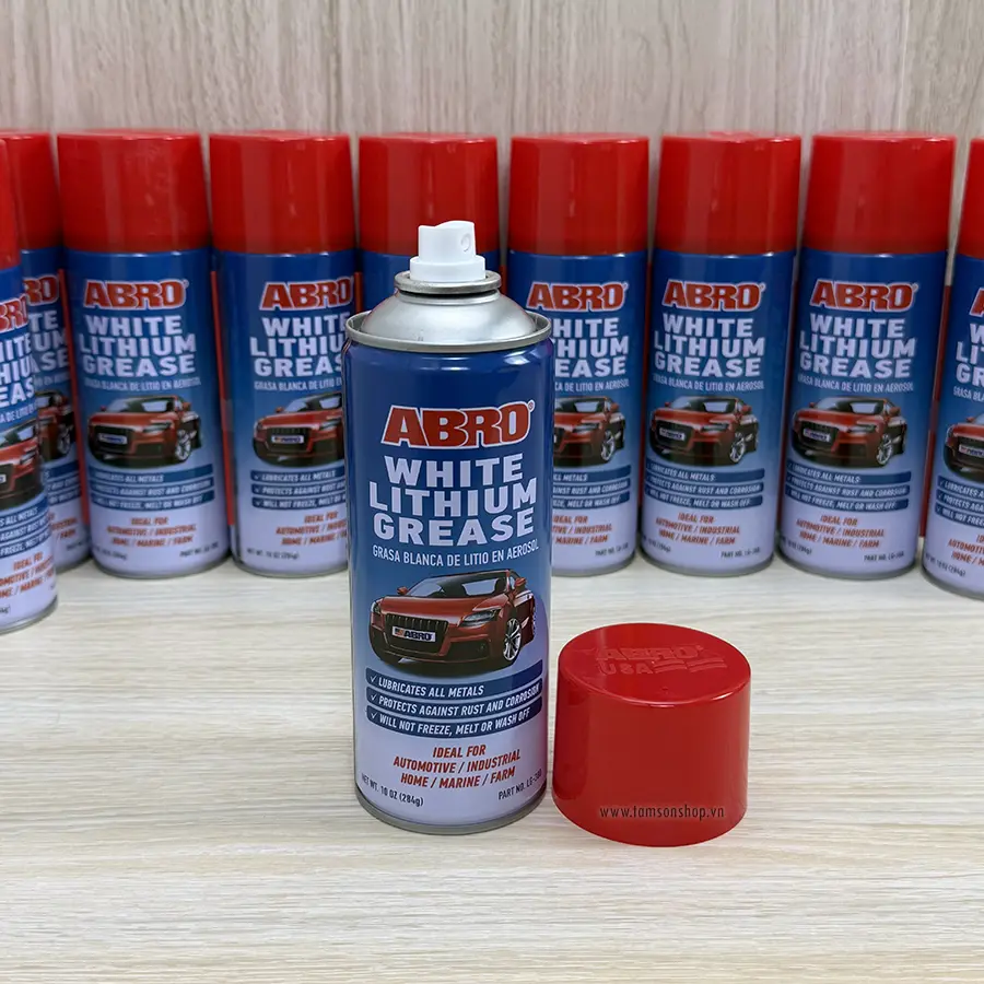 Chai xịt mỡ bò nước Abro White Lithium Grease LG-380. Dùng để bôi trơn và bảo vệ các chi tiết kim loại.